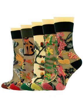 Womens Sheer Socks Transparent Thin Vintage Flower/Polka Dot Mesh Lace